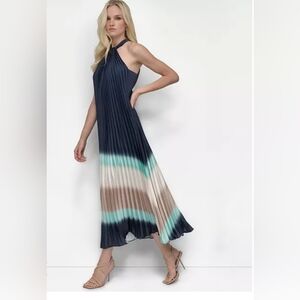 Donna Karan Navy and Teal Pleated Maxi Dress